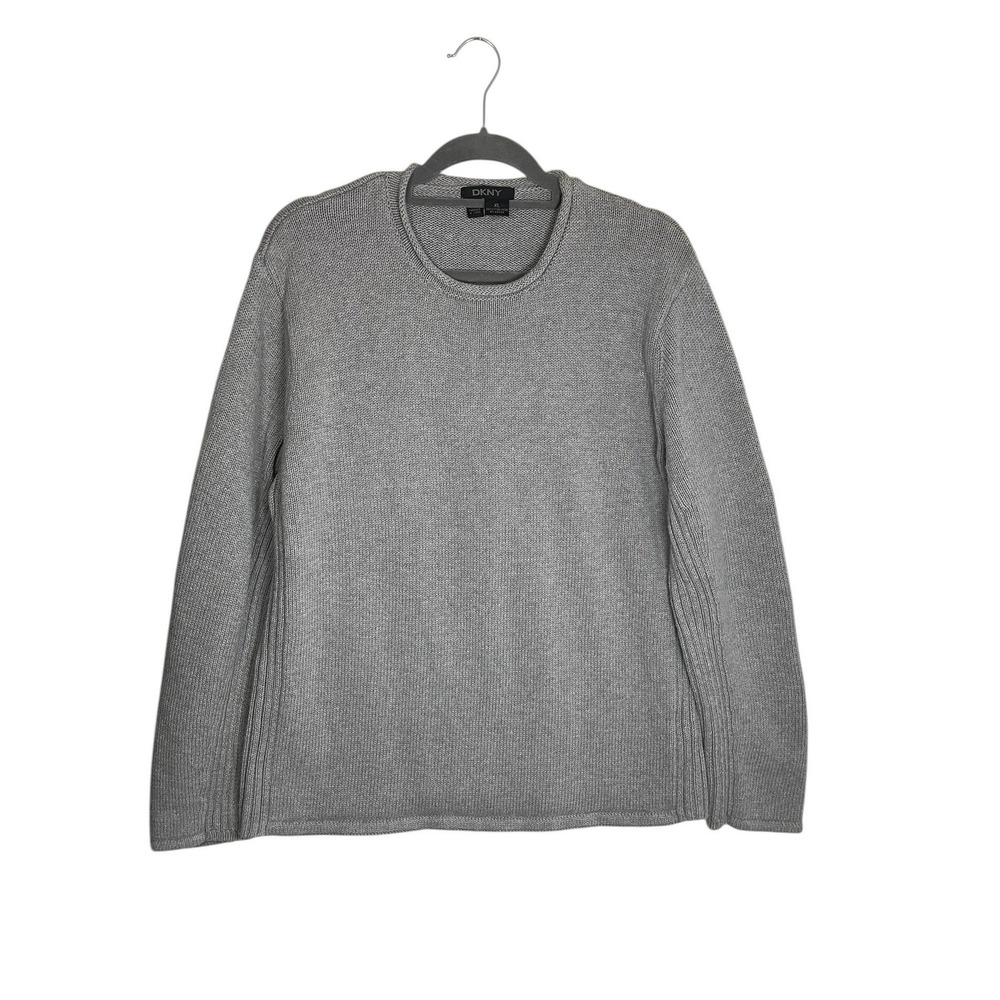 DKNY XL Gray Shaker Knit 100% Cotton Sweater Roll Edge Crewneck Ribbed Pullover